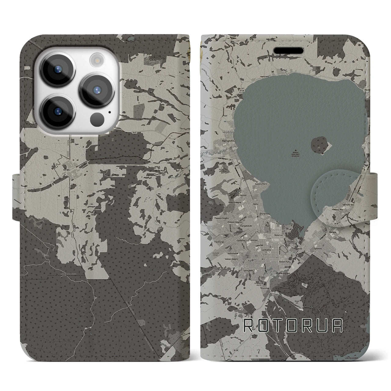 【ロトルア(ニュージーランド)】地図柄iPhoneケース(手帳タイプ)モノトーン・iPhone 14 Pro 用
