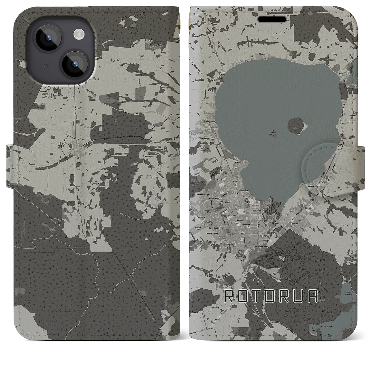 【ロトルア(ニュージーランド)】地図柄iPhoneケース(手帳タイプ)モノトーン・iPhone 14 Plus 用