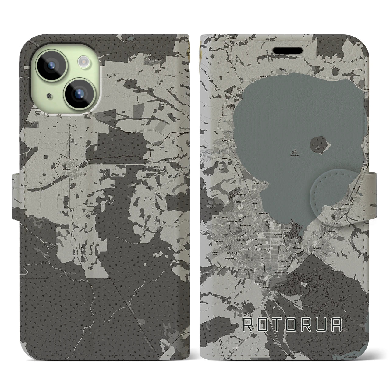 【ロトルア(ニュージーランド)】地図柄iPhoneケース(手帳タイプ)モノトーン・iPhone 15 用
