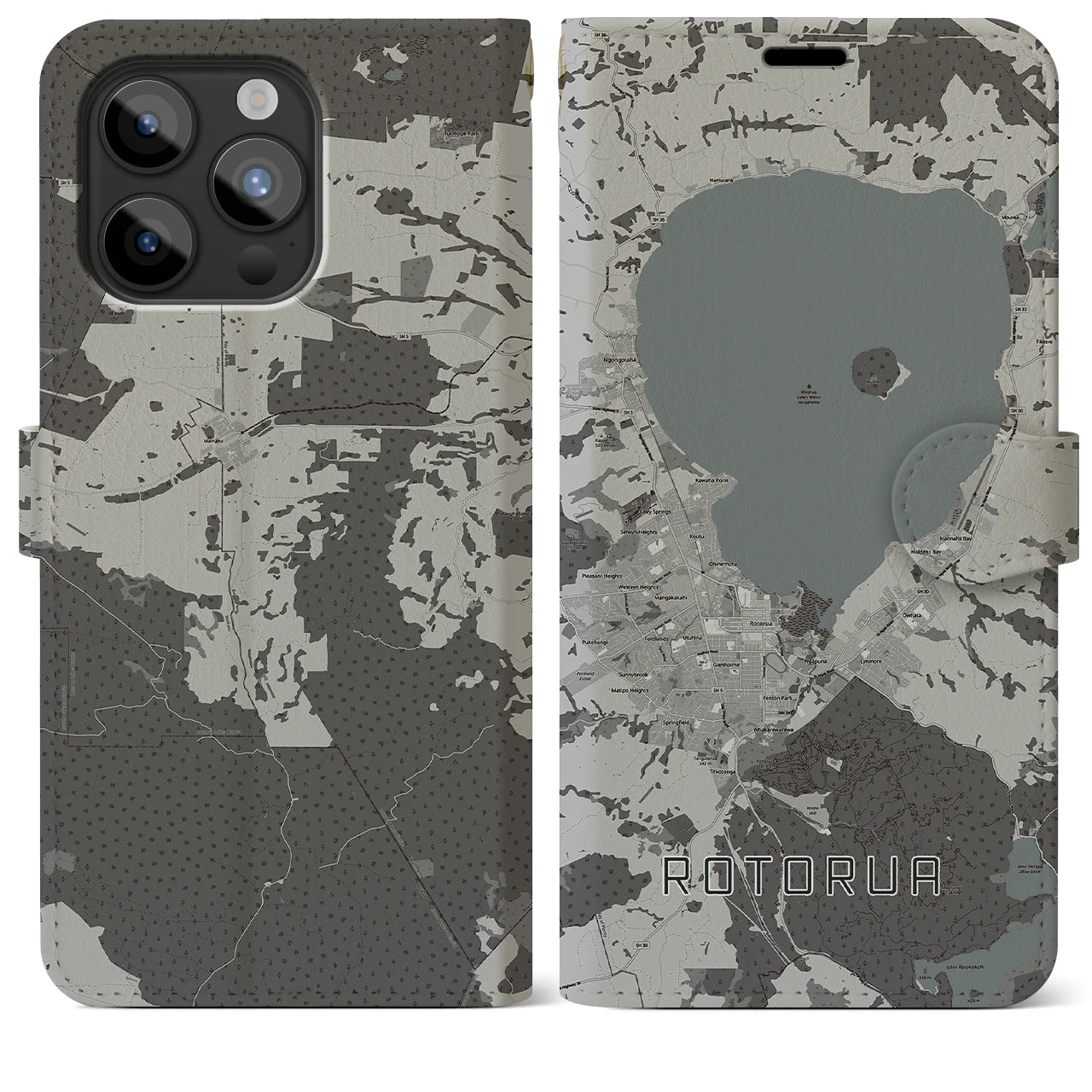 【ロトルア(ニュージーランド)】地図柄iPhoneケース(手帳タイプ)モノトーン・iPhone 15 Pro Max 用