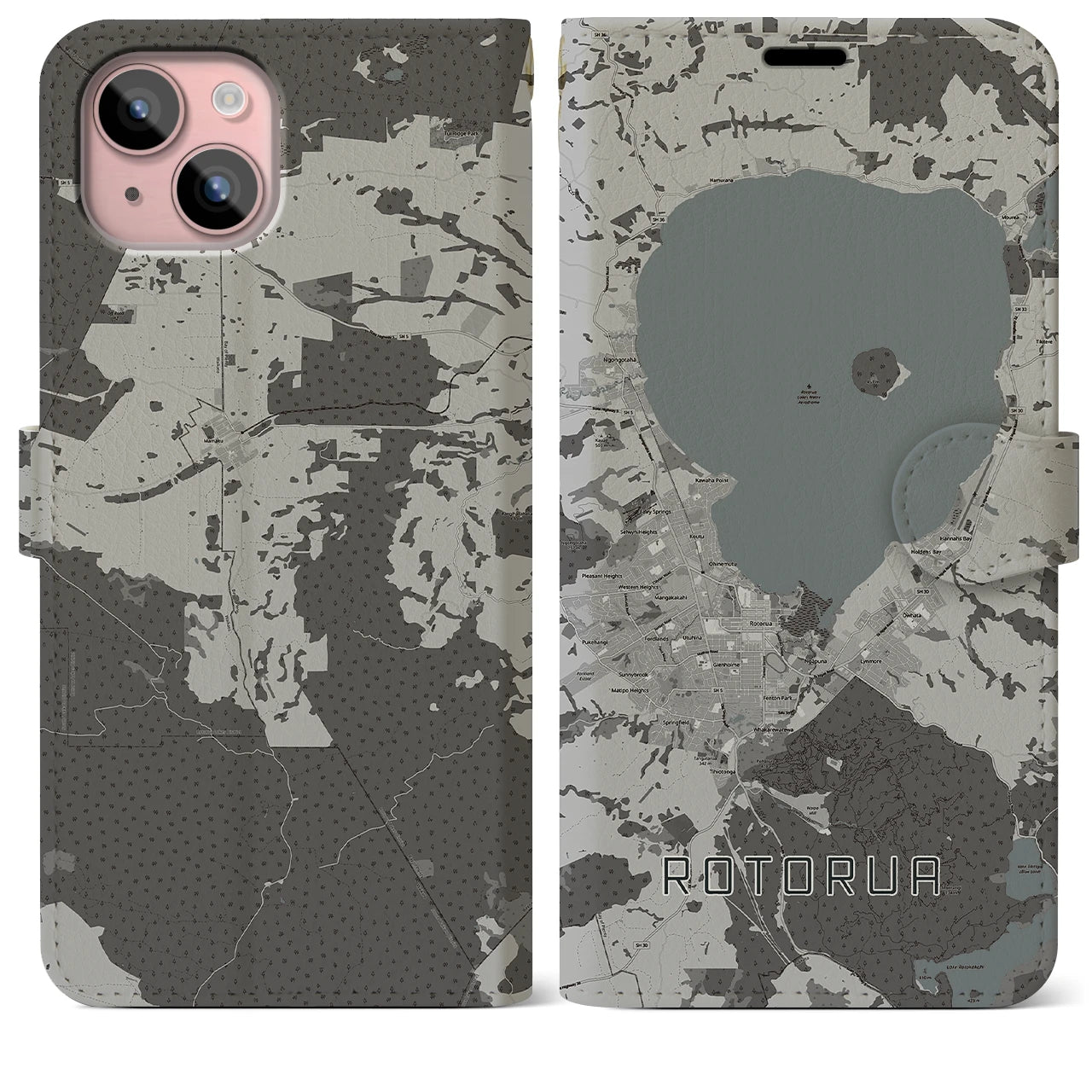 【ロトルア(ニュージーランド)】地図柄iPhoneケース(手帳タイプ)モノトーン・iPhone 15 Plus 用