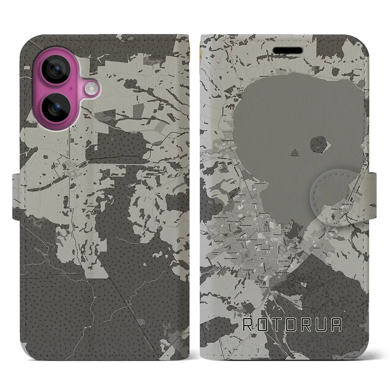 【ロトルア(ニュージーランド)】地図柄iPhoneケース(手帳タイプ)モノトーン・iPhone 16 Pro 用
