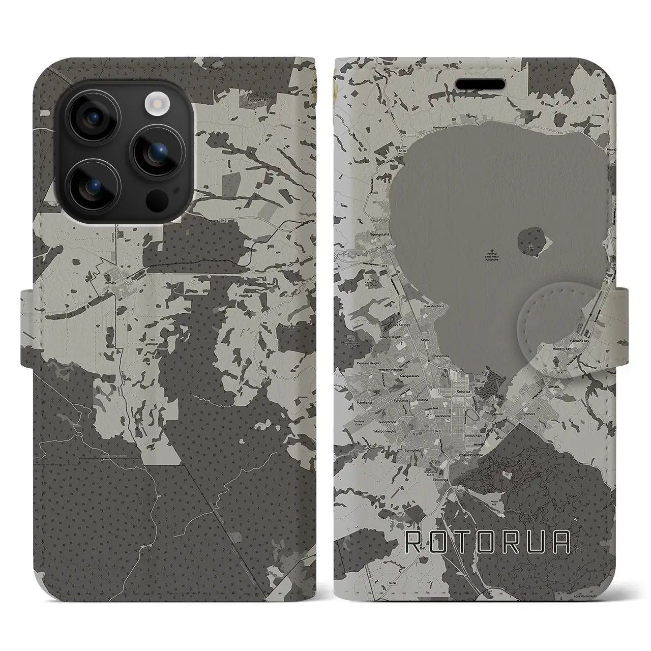 【ロトルア(ニュージーランド)】地図柄iPhoneケース(手帳タイプ)モノトーン・iPhone 16 用