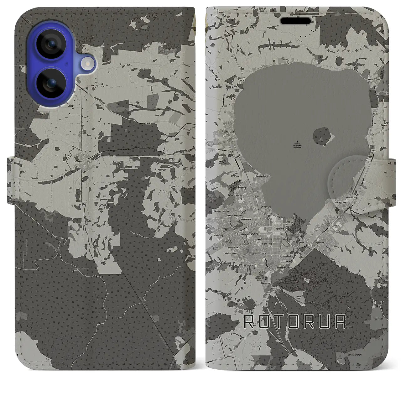 【ロトルア(ニュージーランド)】地図柄iPhoneケース(手帳タイプ)モノトーン・iPhone 16 Pro Max 用