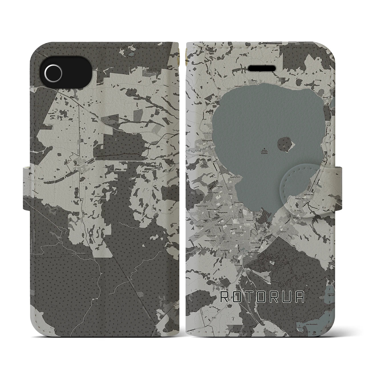 【ロトルア(ニュージーランド)】地図柄iPhoneケース(手帳タイプ)モノトーン・iPhone SE(第3 / 第2世代) / 8 / 7 / 6s / 6 用