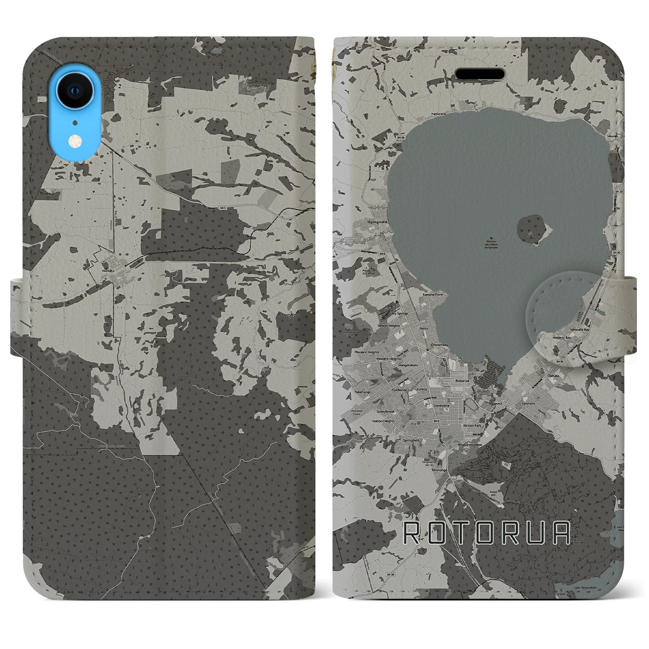 【ロトルア(ニュージーランド)】地図柄iPhoneケース(手帳タイプ)モノトーン・iPhone XR 用