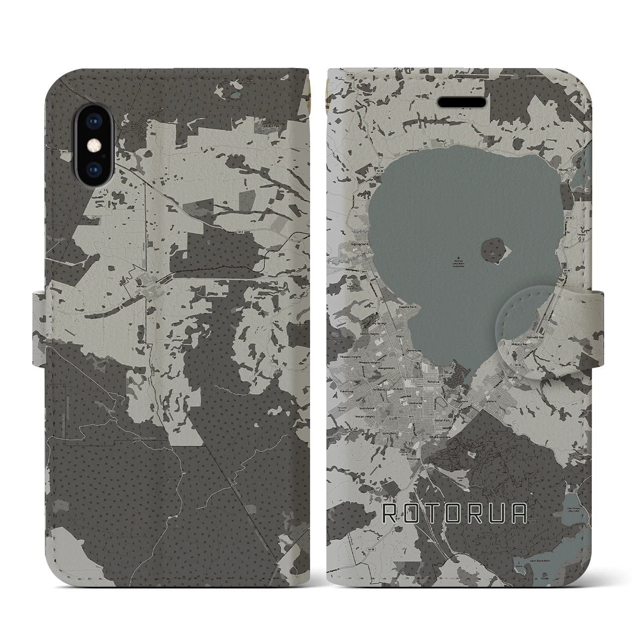 【ロトルア(ニュージーランド)】地図柄iPhoneケース(手帳タイプ)モノトーン・iPhone XS / X 用