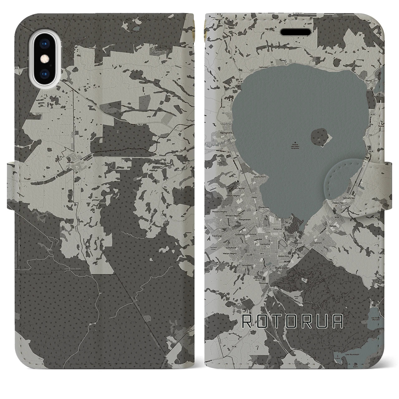 【ロトルア(ニュージーランド)】地図柄iPhoneケース(手帳タイプ)モノトーン・iPhone XS Max 用