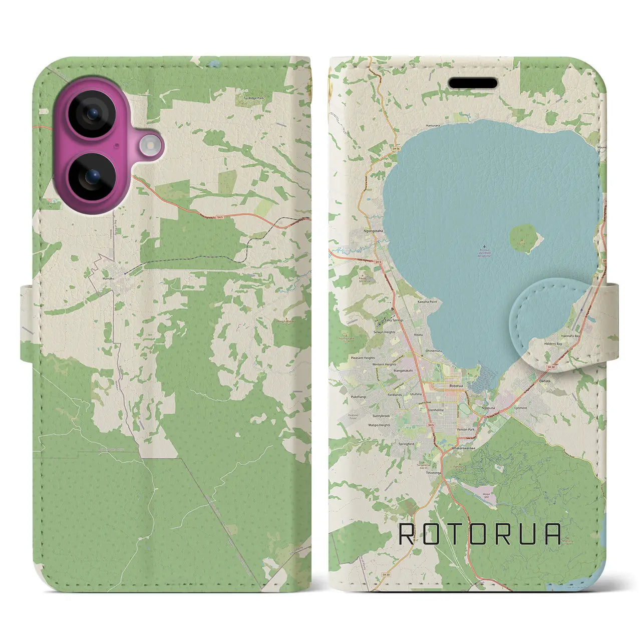【ロトルア(ニュージーランド)】地図柄iPhoneケース(手帳タイプ)ナチュラル・iPhone 16 Pro 用