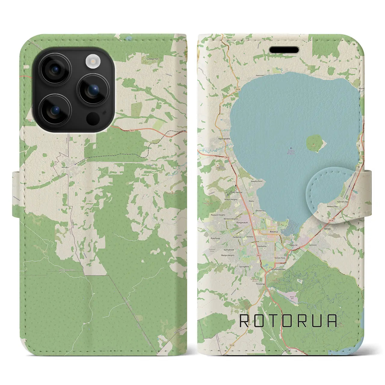 【ロトルア(ニュージーランド)】地図柄iPhoneケース(手帳タイプ)ナチュラル・iPhone 16 用