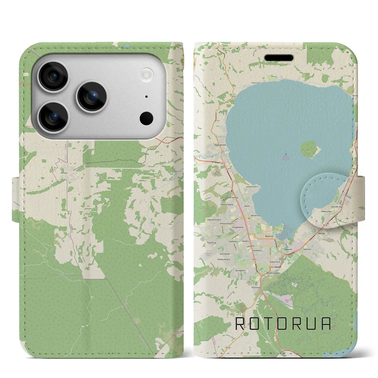 【ロトルア(ニュージーランド)】地図柄iPhoneケース(手帳タイプ)モノトーン・iPhone 17 Pro Max 用