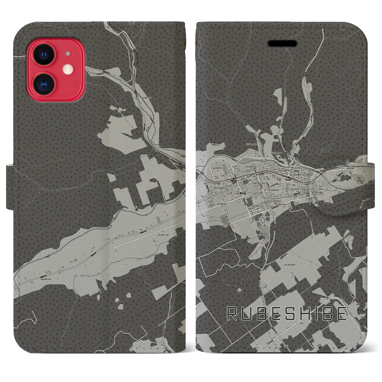 【留辺蘂(北海道)】地図柄iPhoneケース(手帳タイプ)モノトーン・iPhone 11 用