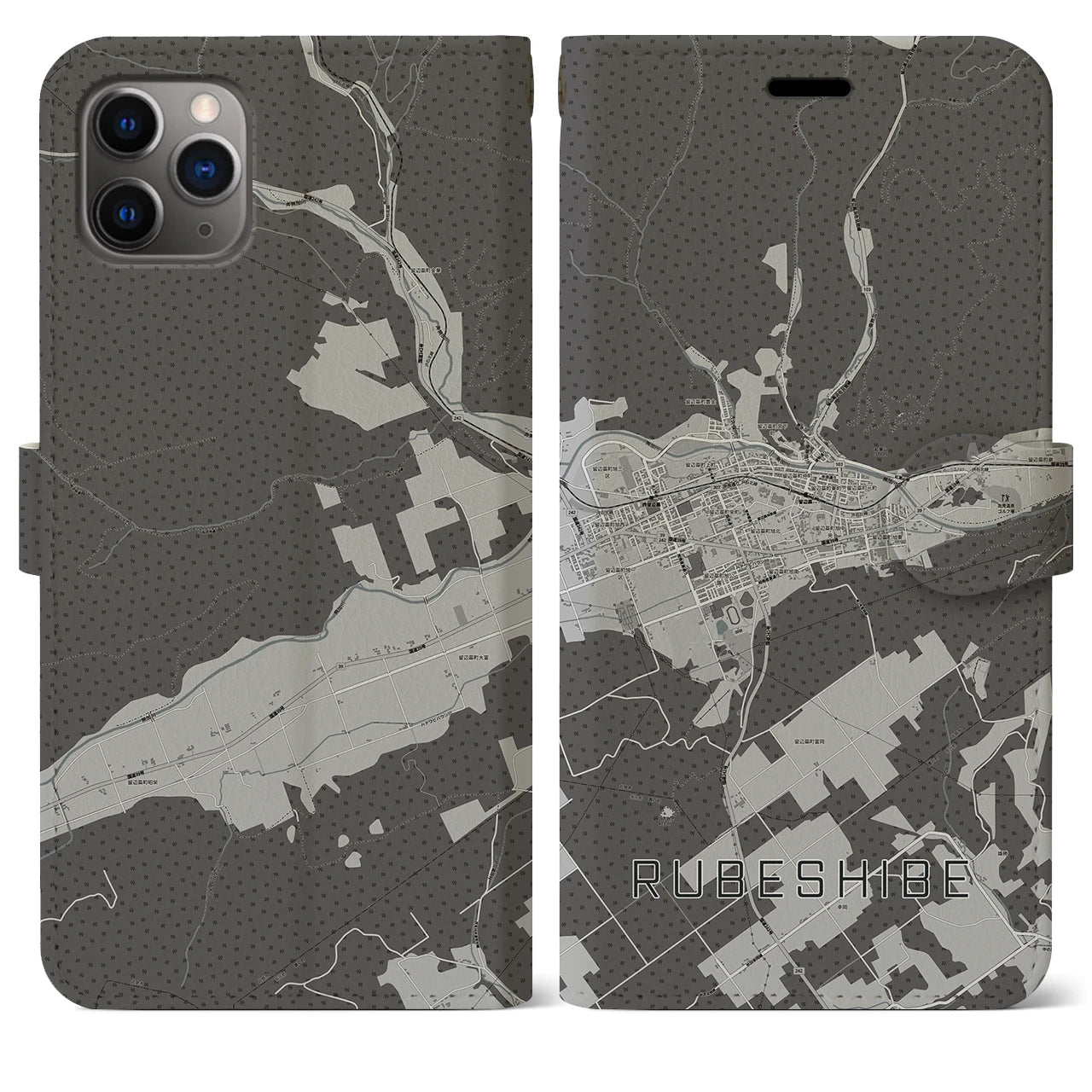 【留辺蘂(北海道)】地図柄iPhoneケース(手帳タイプ)モノトーン・iPhone 11 Pro Max 用