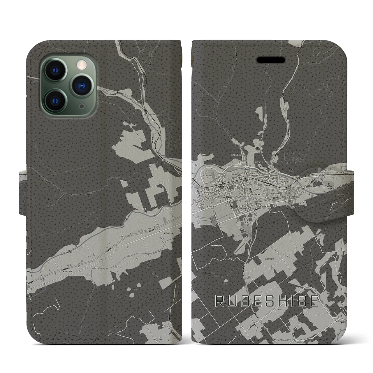 【留辺蘂(北海道)】地図柄iPhoneケース(手帳タイプ)モノトーン・iPhone 11 Pro 用
