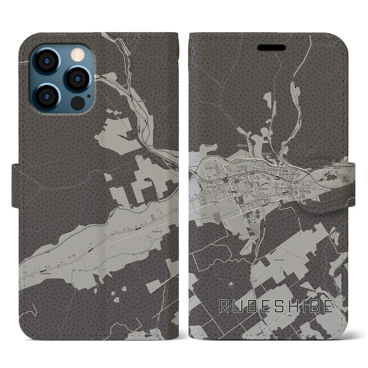 【留辺蘂(北海道)】地図柄iPhoneケース(手帳タイプ)モノトーン・iPhone 12 / 12 Pro 用