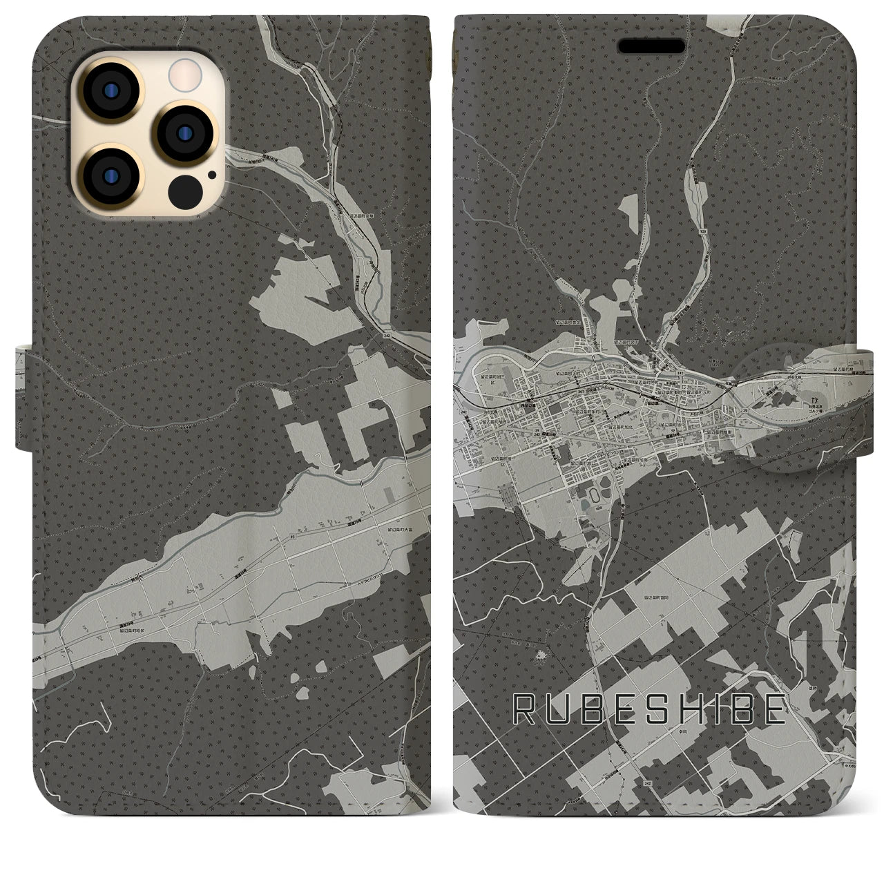 【留辺蘂(北海道)】地図柄iPhoneケース(手帳タイプ)モノトーン・iPhone 12 Pro Max 用