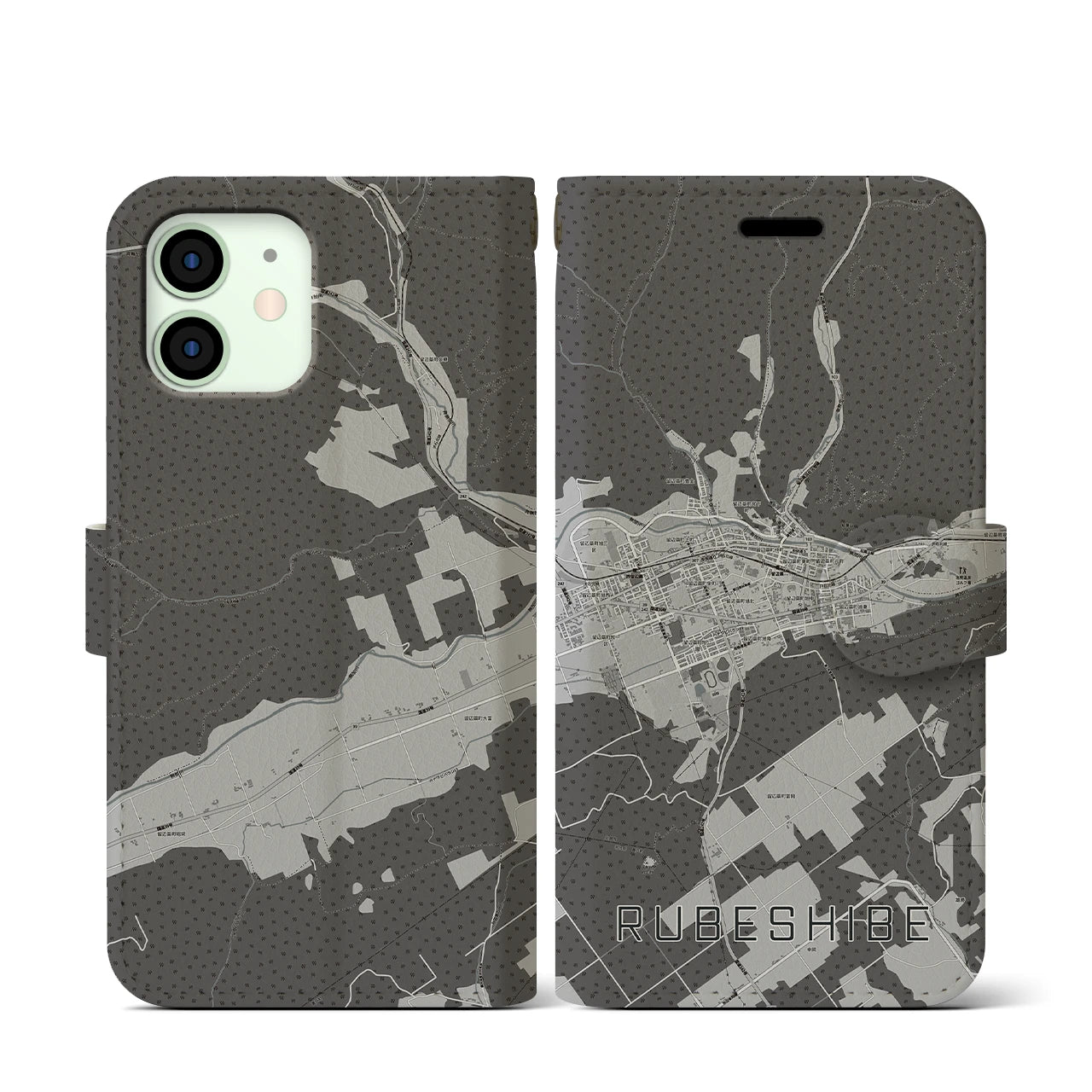【留辺蘂(北海道)】地図柄iPhoneケース(手帳タイプ)モノトーン・iPhone 12 mini 用