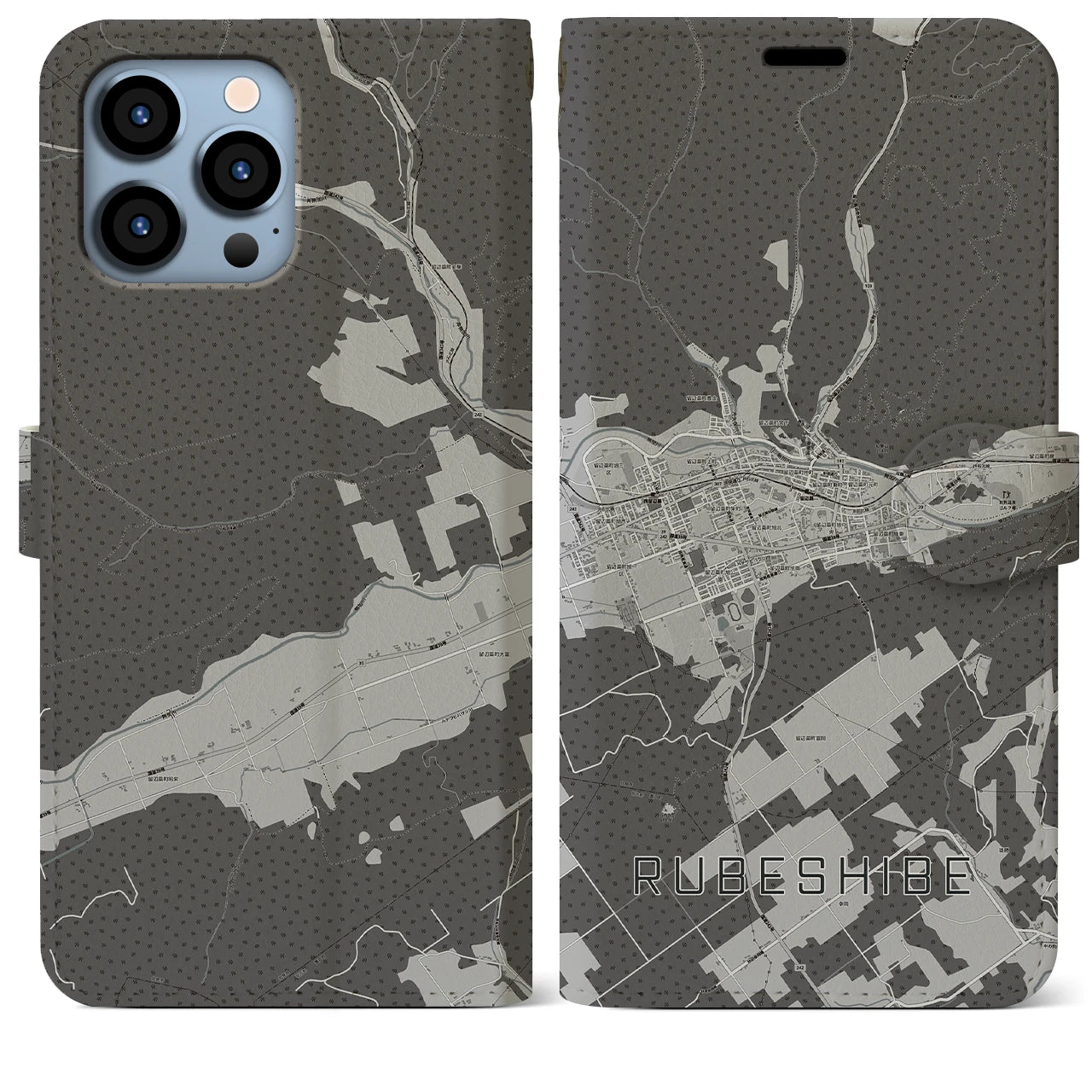 【留辺蘂(北海道)】地図柄iPhoneケース(手帳タイプ)モノトーン・iPhone 13 Pro Max 用