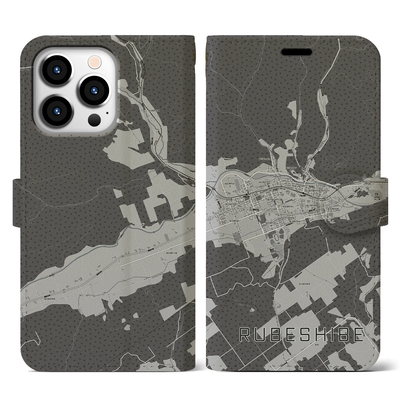 【留辺蘂(北海道)】地図柄iPhoneケース(手帳タイプ)モノトーン・iPhone 13 Pro 用