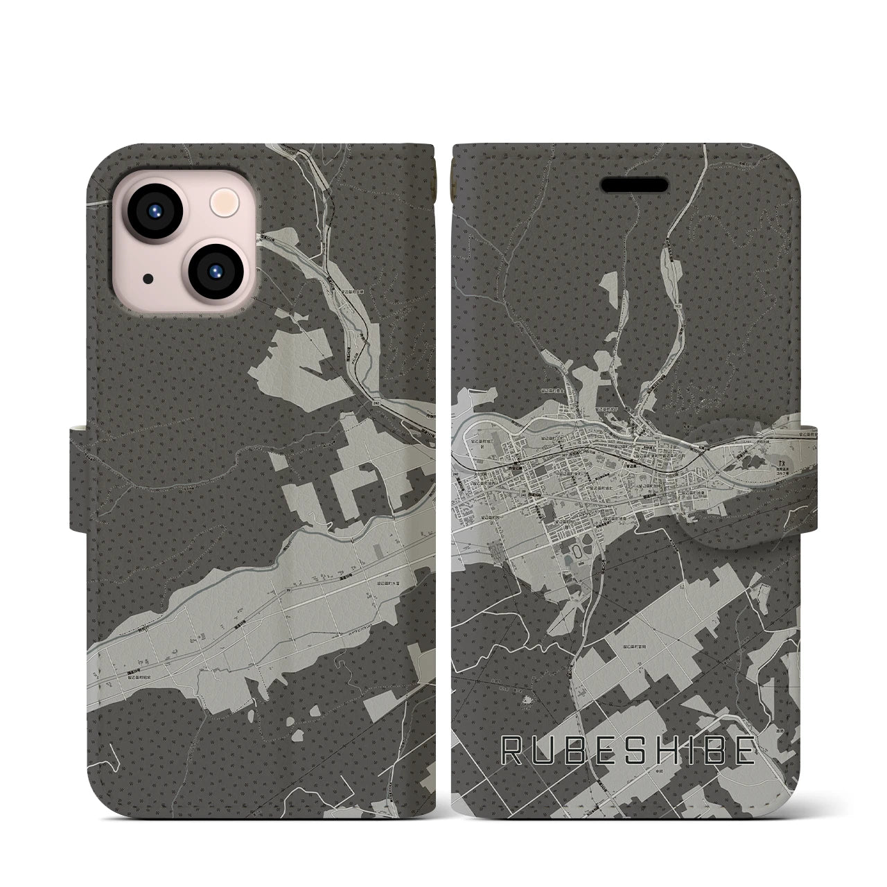 【留辺蘂(北海道)】地図柄iPhoneケース(手帳タイプ)モノトーン・iPhone 13 mini 用