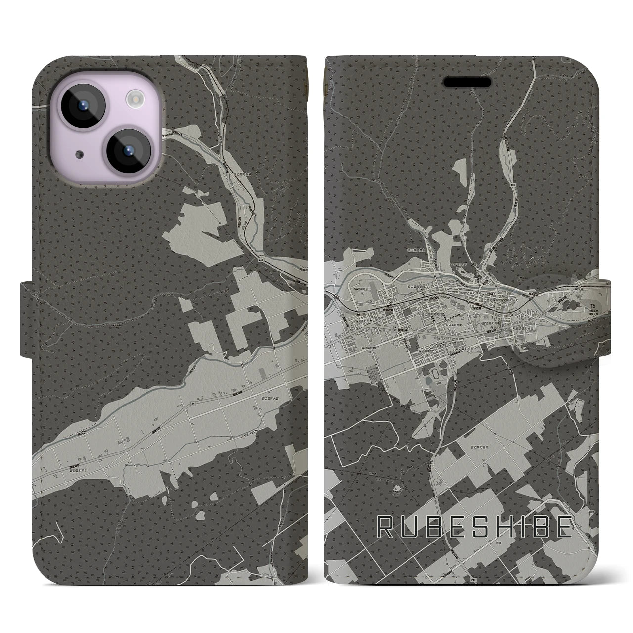 【留辺蘂(北海道)】地図柄iPhoneケース(手帳タイプ)モノトーン・iPhone 14 用