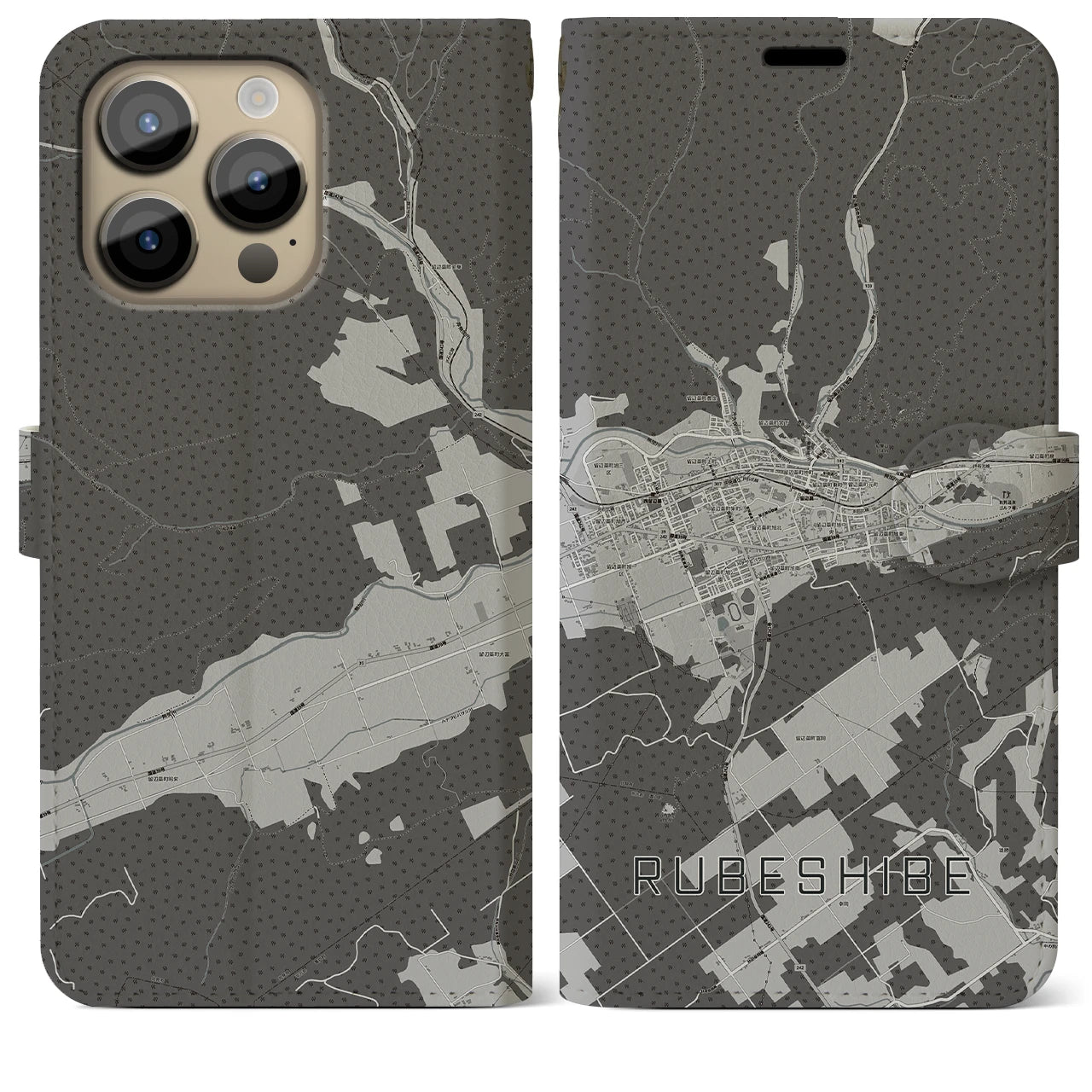 【留辺蘂(北海道)】地図柄iPhoneケース(手帳タイプ)モノトーン・iPhone 14 Pro Max 用