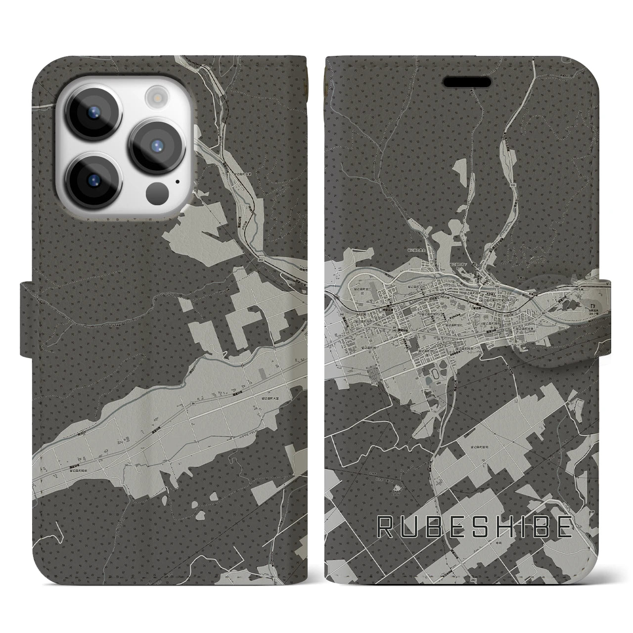 【留辺蘂(北海道)】地図柄iPhoneケース(手帳タイプ)モノトーン・iPhone 14 Pro 用