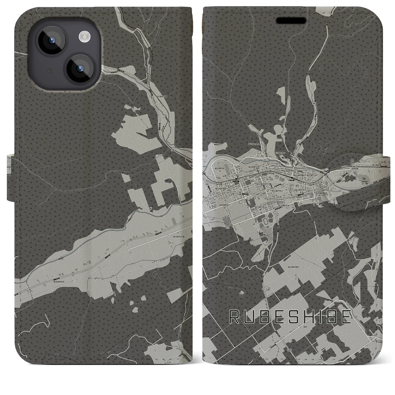 【留辺蘂(北海道)】地図柄iPhoneケース(手帳タイプ)モノトーン・iPhone 14 Plus 用