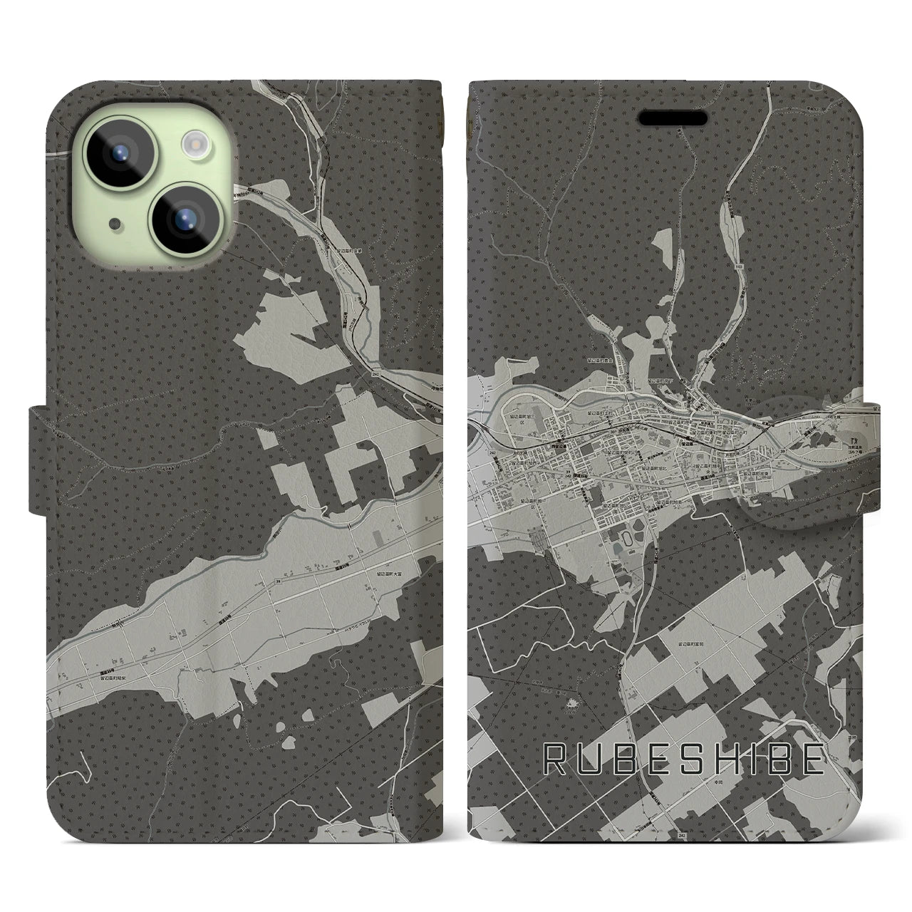 【留辺蘂(北海道)】地図柄iPhoneケース(手帳タイプ)モノトーン・iPhone 15 用