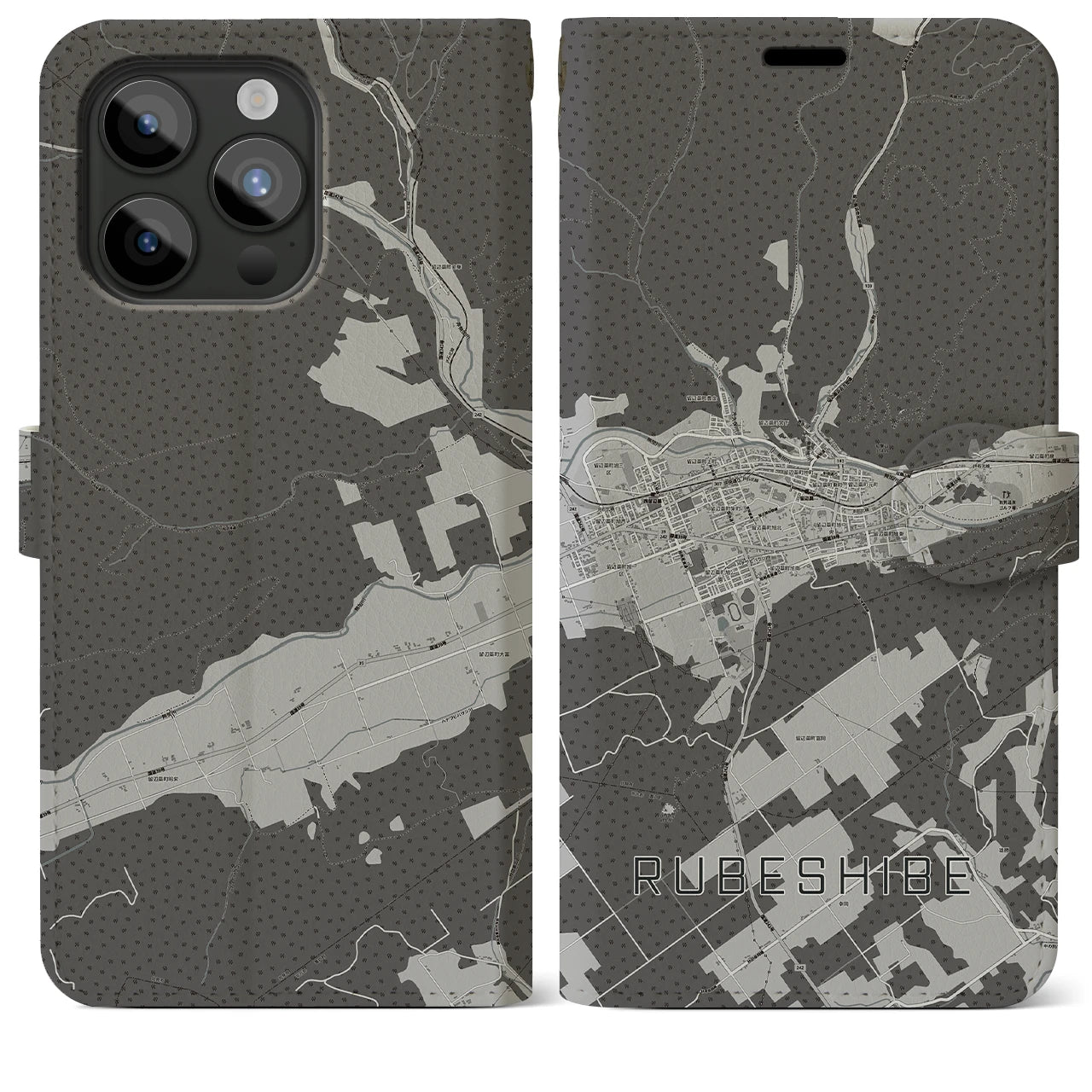 【留辺蘂(北海道)】地図柄iPhoneケース(手帳タイプ)モノトーン・iPhone 15 Pro Max 用