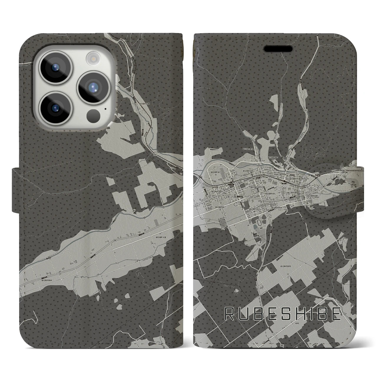 【留辺蘂(北海道)】地図柄iPhoneケース(手帳タイプ)モノトーン・iPhone 15 Pro 用