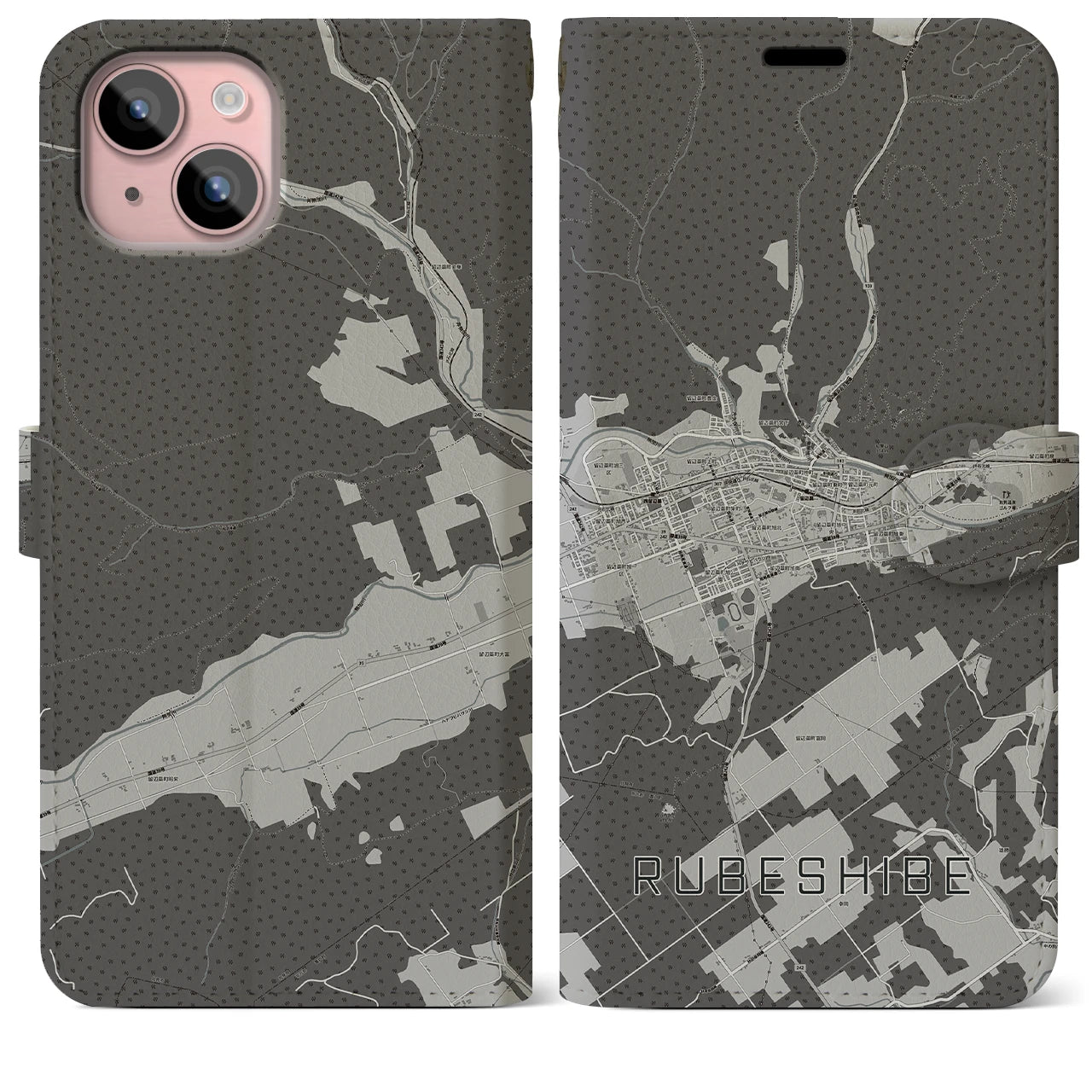 【留辺蘂(北海道)】地図柄iPhoneケース(手帳タイプ)モノトーン・iPhone 15 Plus 用