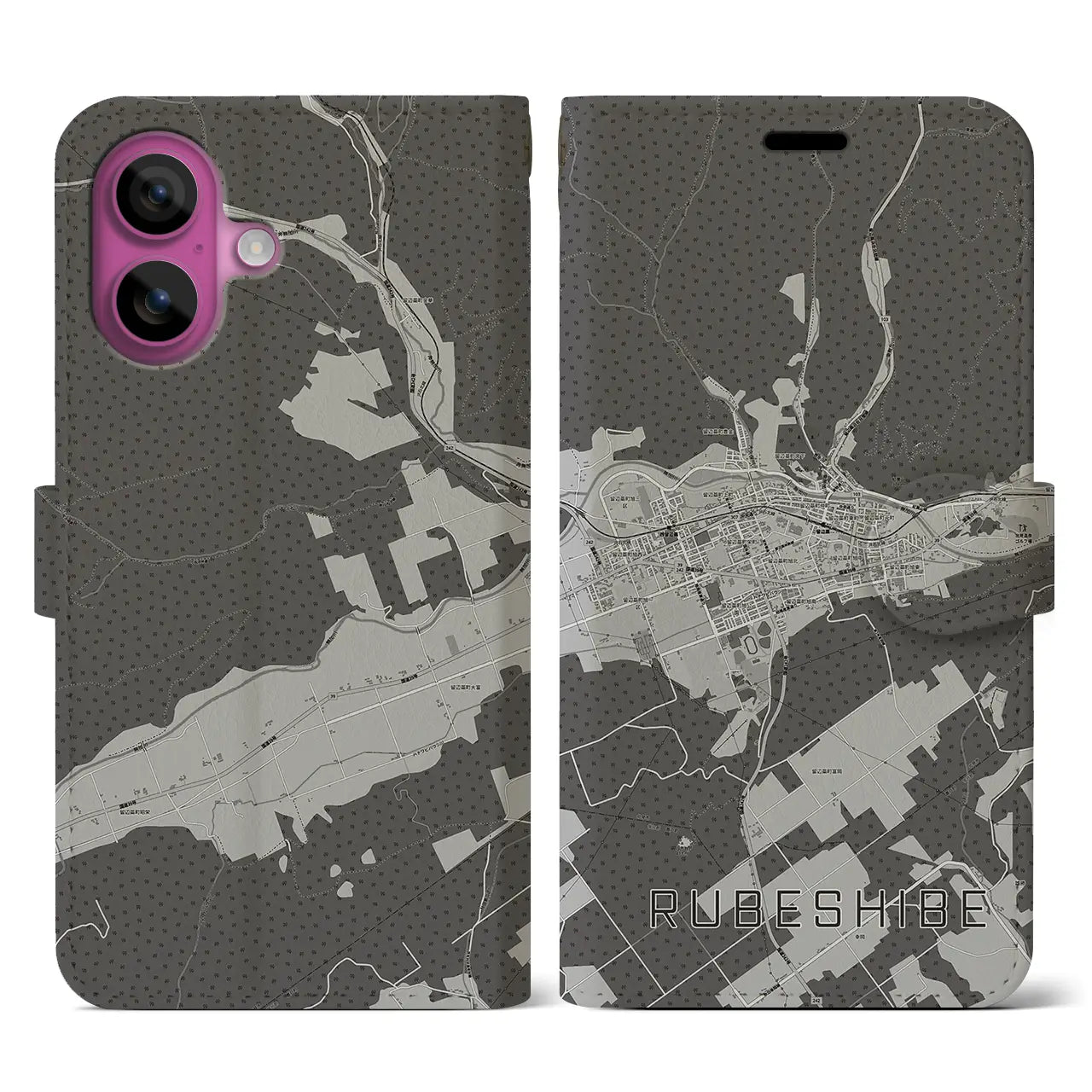 【留辺蘂(北海道)】地図柄iPhoneケース(手帳タイプ)モノトーン・iPhone 16 Pro 用