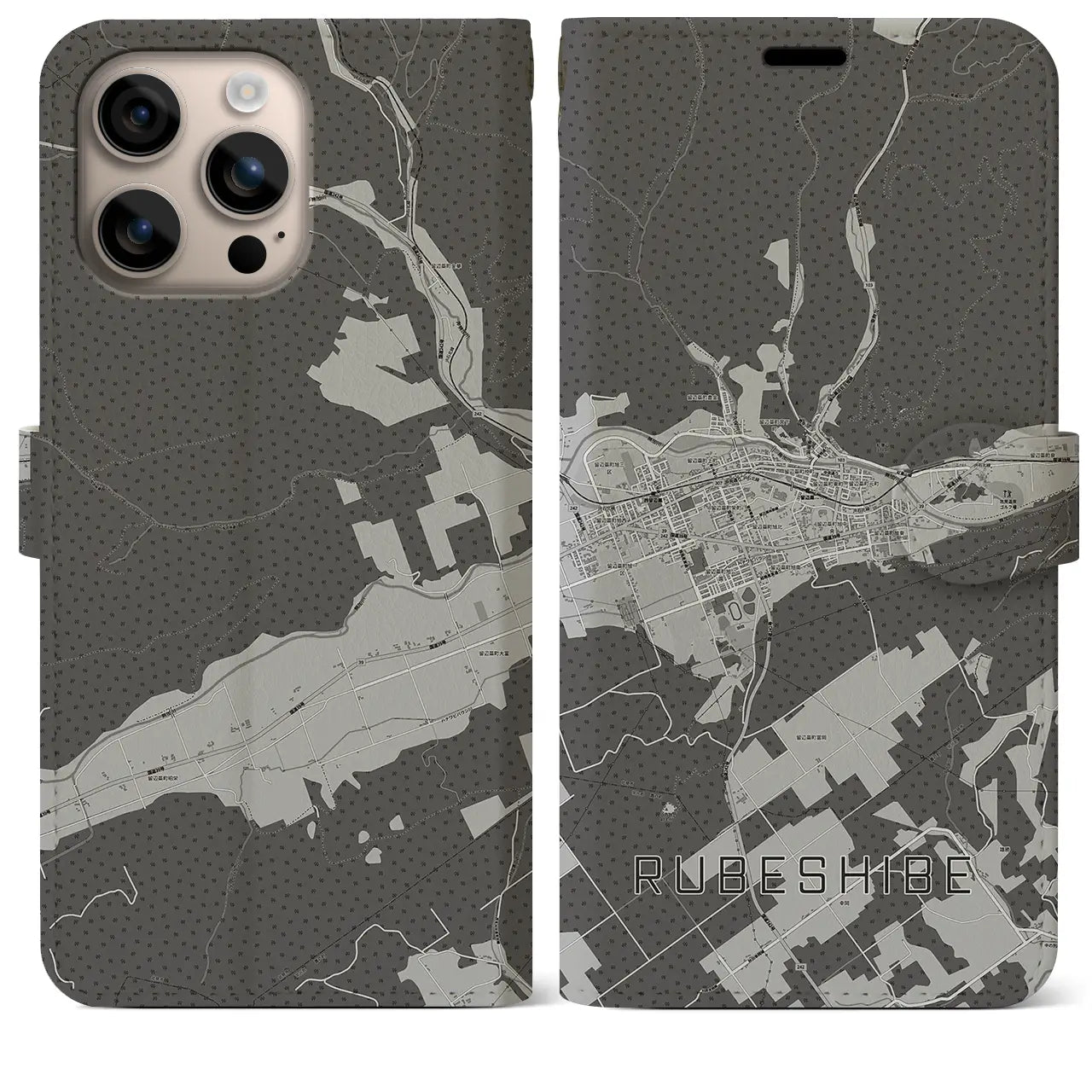 【留辺蘂(北海道)】地図柄iPhoneケース(手帳タイプ)モノトーン・iPhone 16 Plus 用