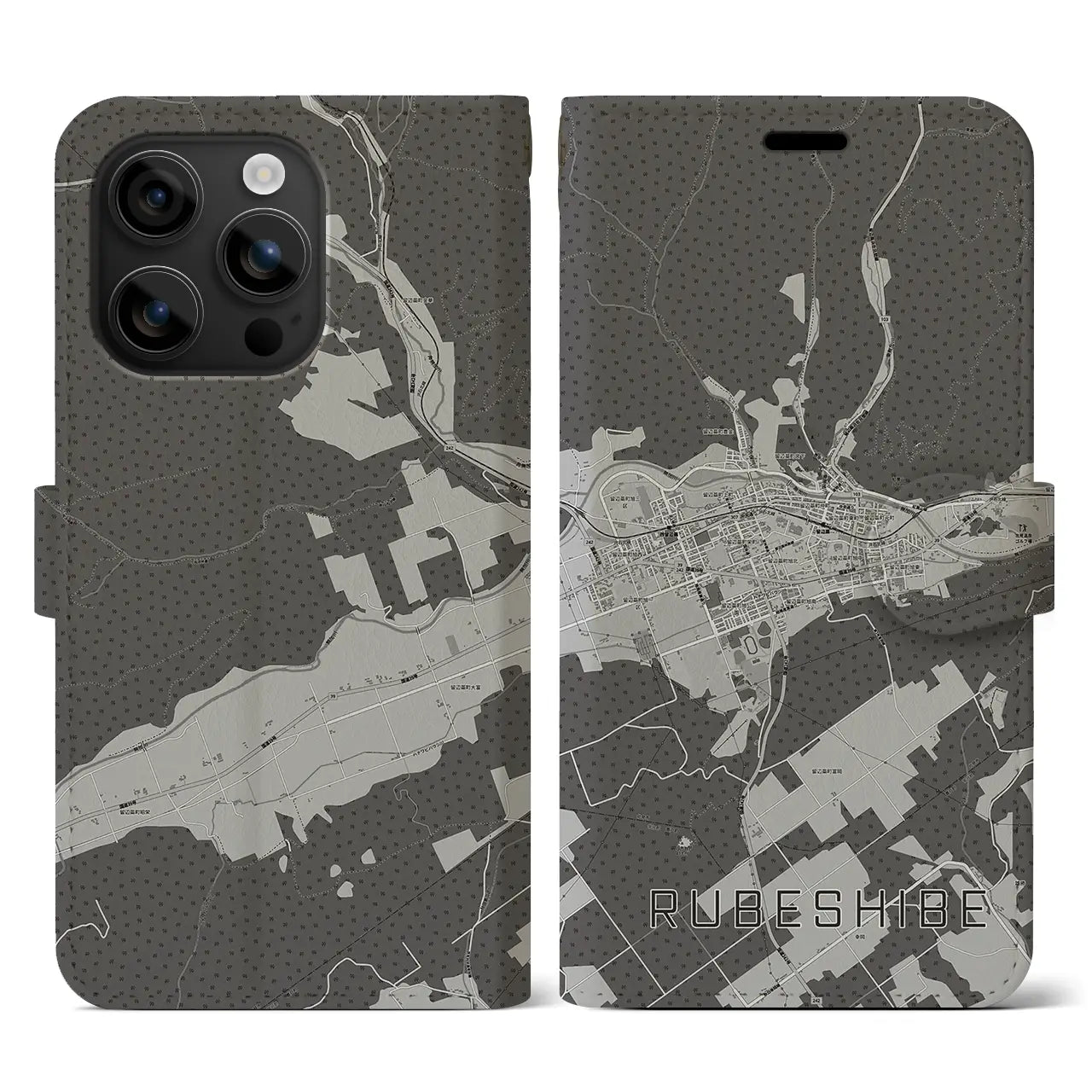 【留辺蘂(北海道)】地図柄iPhoneケース(手帳タイプ)モノトーン・iPhone 16 用