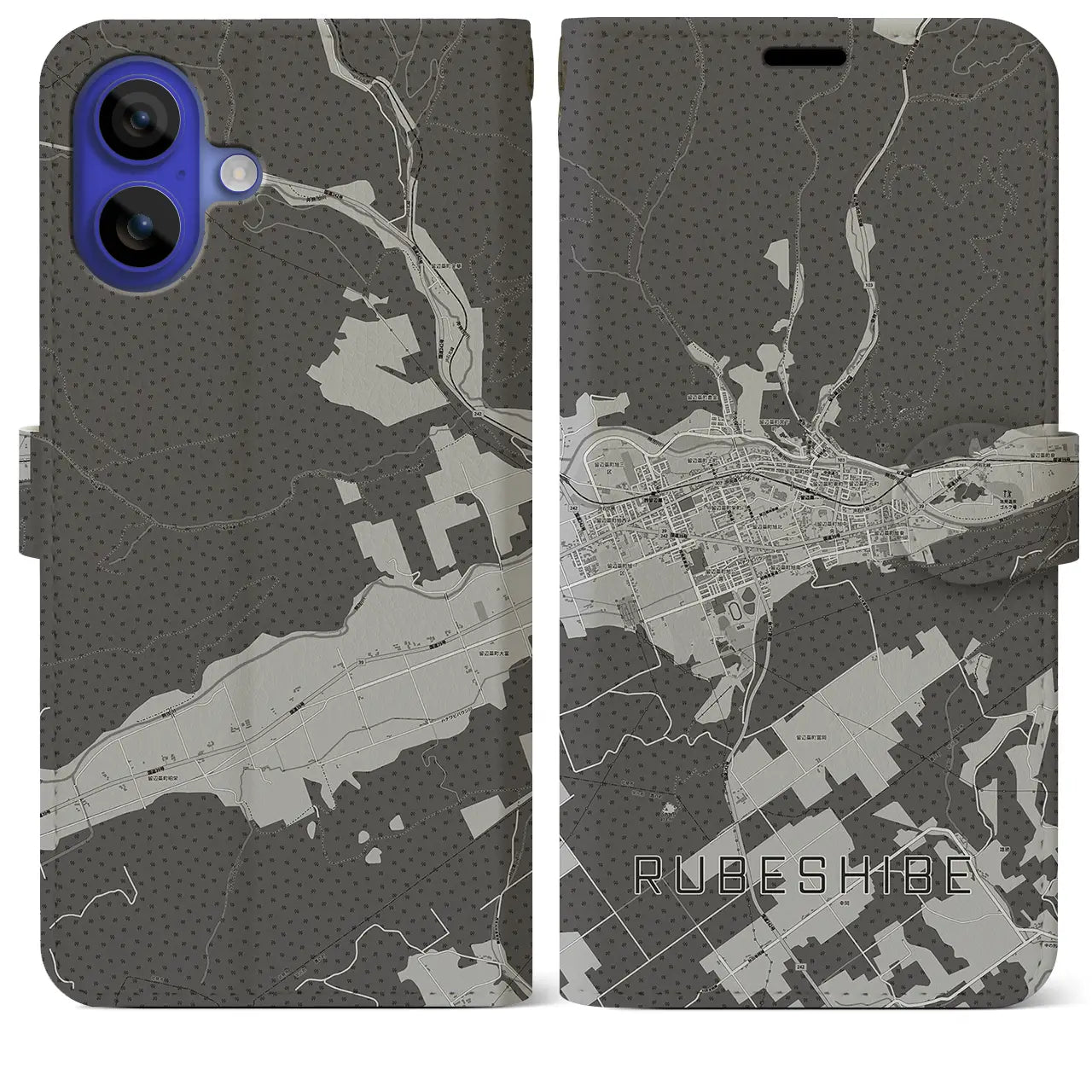 【留辺蘂(北海道)】地図柄iPhoneケース(手帳タイプ)モノトーン・iPhone 16 Pro Max 用