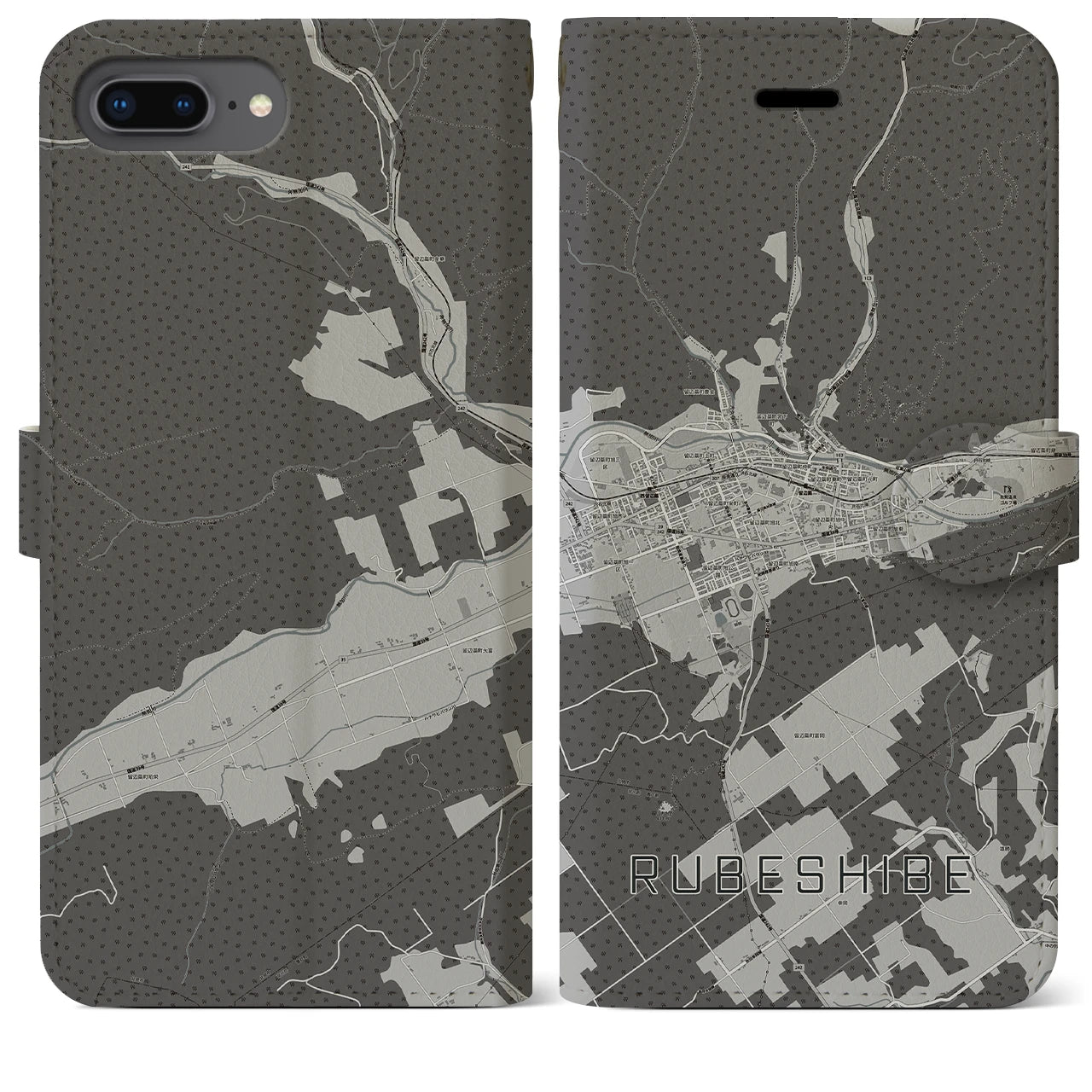【留辺蘂(北海道)】地図柄iPhoneケース(手帳タイプ)モノトーン・iPhone 8Plus /7Plus / 6sPlus / 6Plus 用