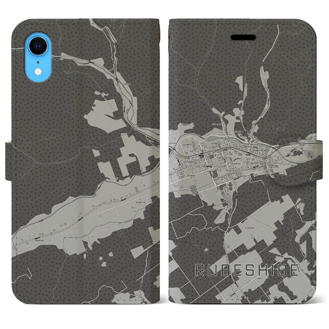 【留辺蘂(北海道)】地図柄iPhoneケース(手帳タイプ)モノトーン・iPhone XR 用