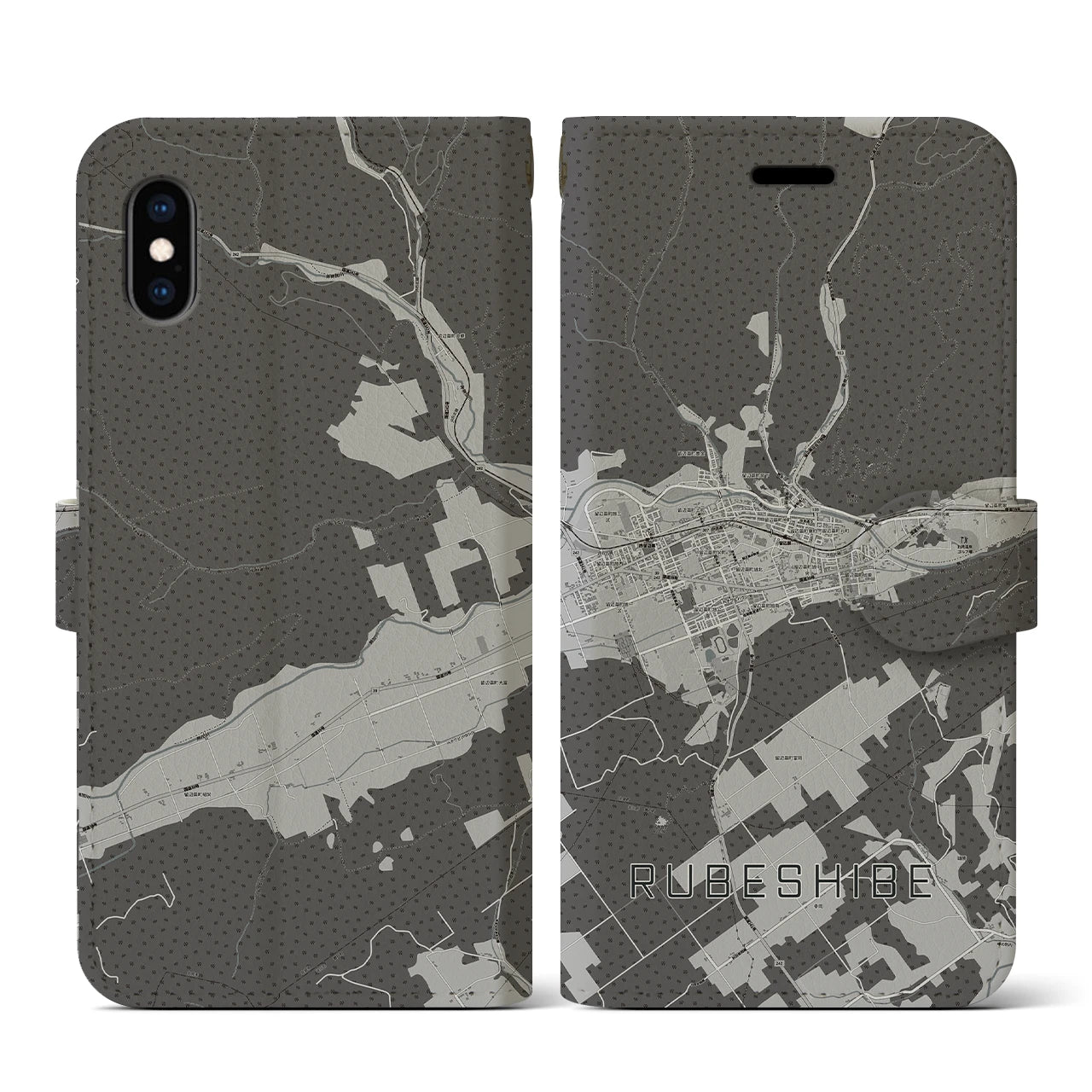 【留辺蘂(北海道)】地図柄iPhoneケース(手帳タイプ)モノトーン・iPhone XS / X 用