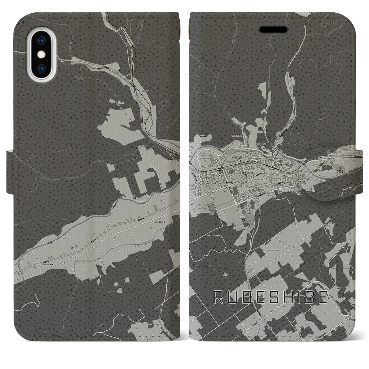 【留辺蘂(北海道)】地図柄iPhoneケース(手帳タイプ)モノトーン・iPhone XS Max 用