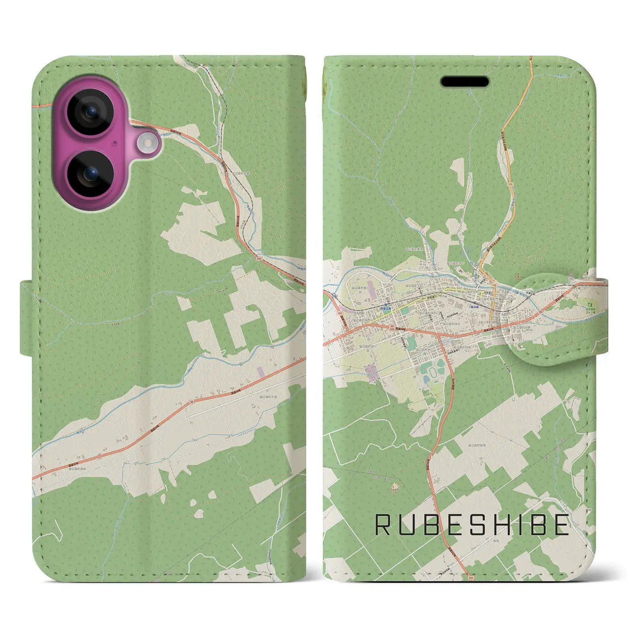 【留辺蘂(北海道)】地図柄iPhoneケース(手帳タイプ)ナチュラル・iPhone 16 Pro 用