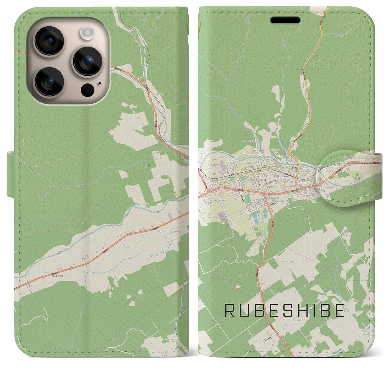 【留辺蘂(北海道)】地図柄iPhoneケース(手帳タイプ)ナチュラル・iPhone 16 Plus 用