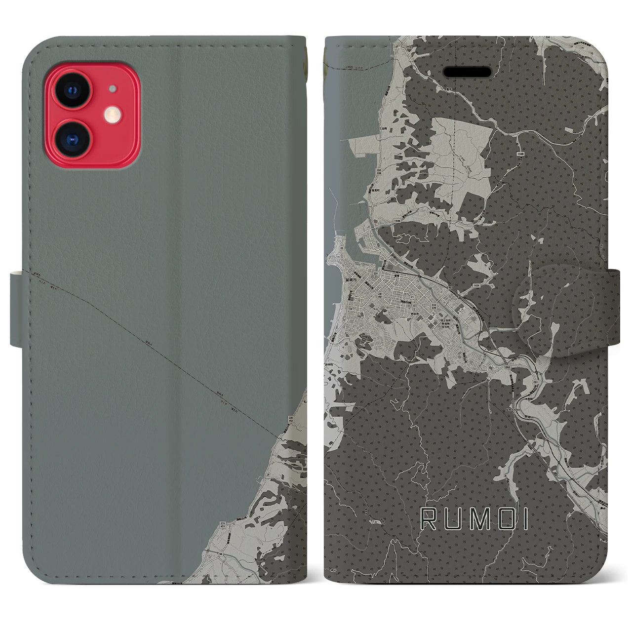 【留萌(北海道)】地図柄iPhoneケース(手帳タイプ)モノトーン・iPhone 11 用