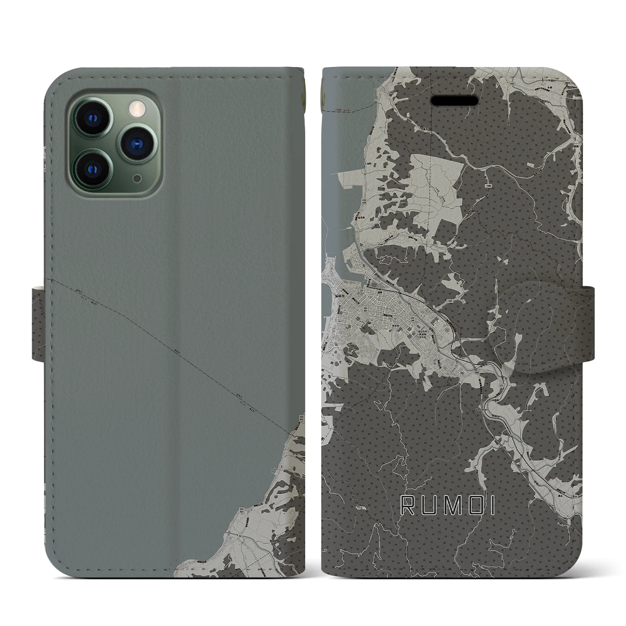 【留萌(北海道)】地図柄iPhoneケース(手帳タイプ)モノトーン・iPhone 11 Pro 用
