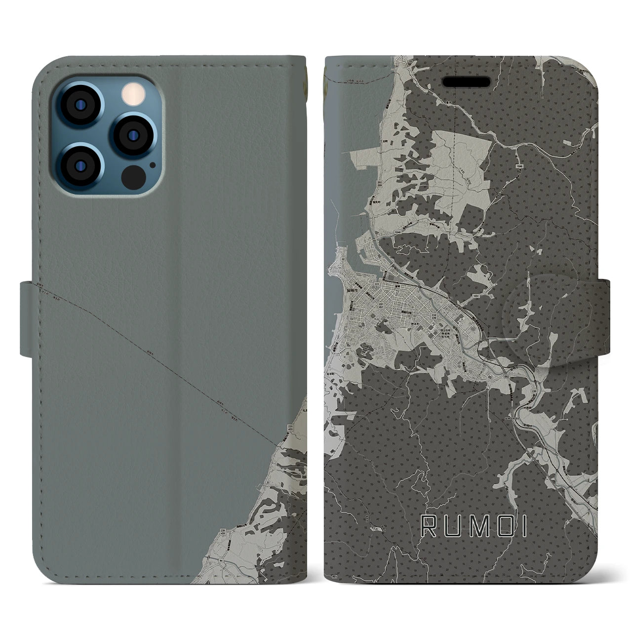【留萌(北海道)】地図柄iPhoneケース(手帳タイプ)モノトーン・iPhone 12 / 12 Pro 用