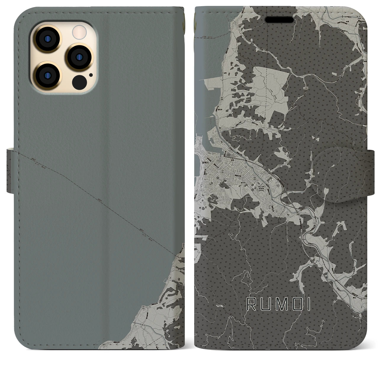 【留萌(北海道)】地図柄iPhoneケース(手帳タイプ)モノトーン・iPhone 12 Pro Max 用