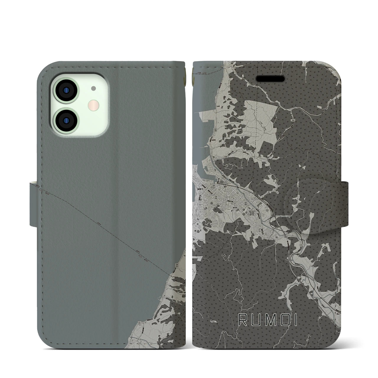【留萌(北海道)】地図柄iPhoneケース(手帳タイプ)モノトーン・iPhone 12 mini 用