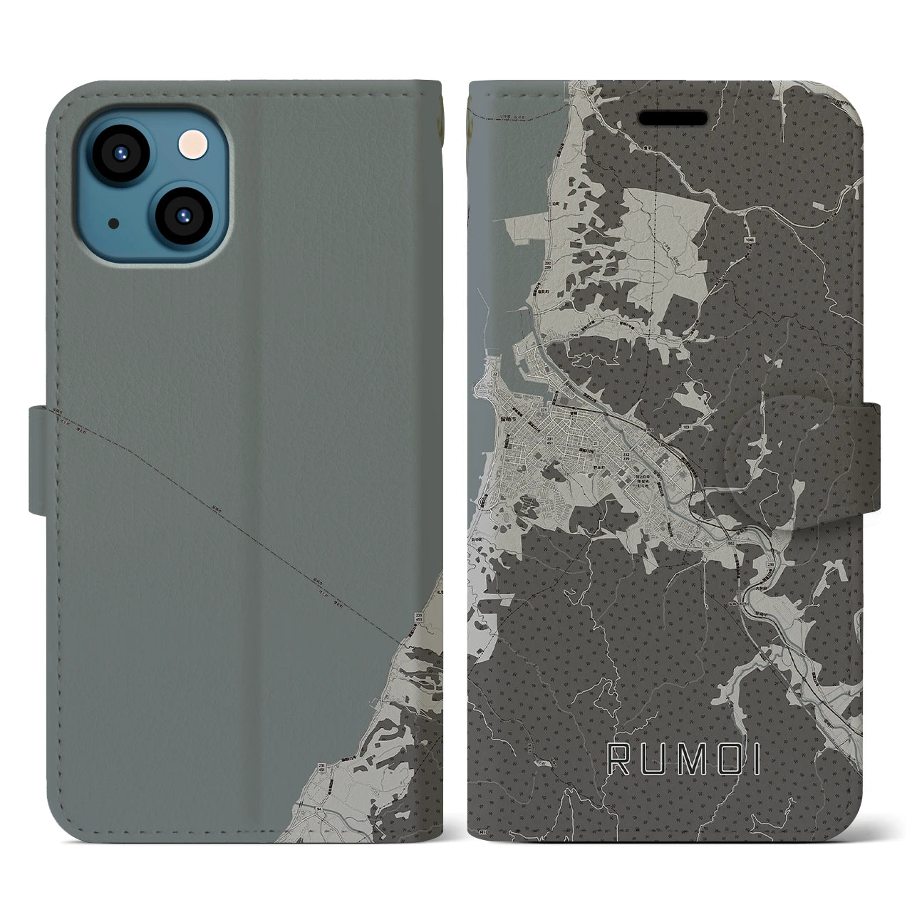 【留萌(北海道)】地図柄iPhoneケース(手帳タイプ)モノトーン・iPhone 13 用
