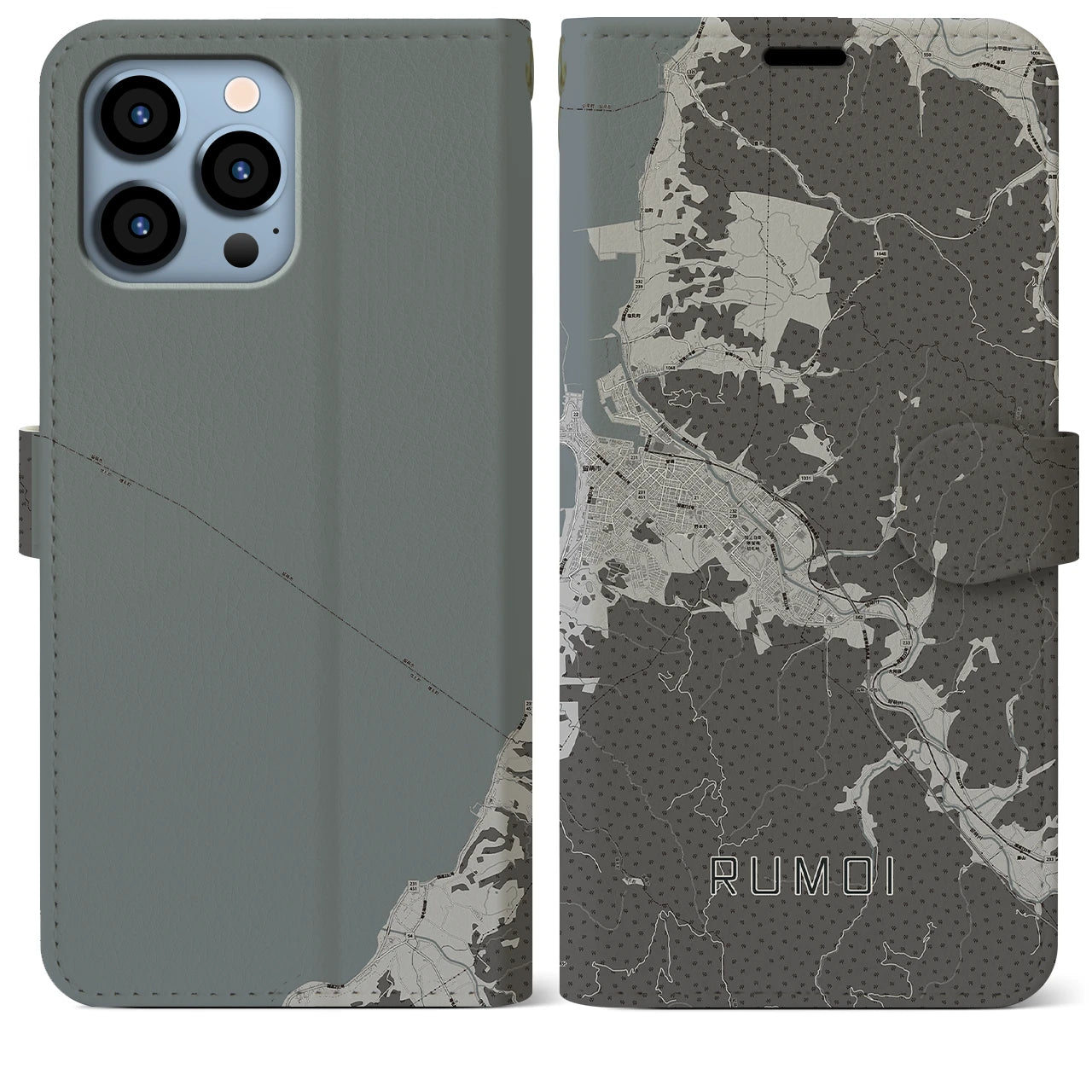 【留萌(北海道)】地図柄iPhoneケース(手帳タイプ)モノトーン・iPhone 13 Pro Max 用