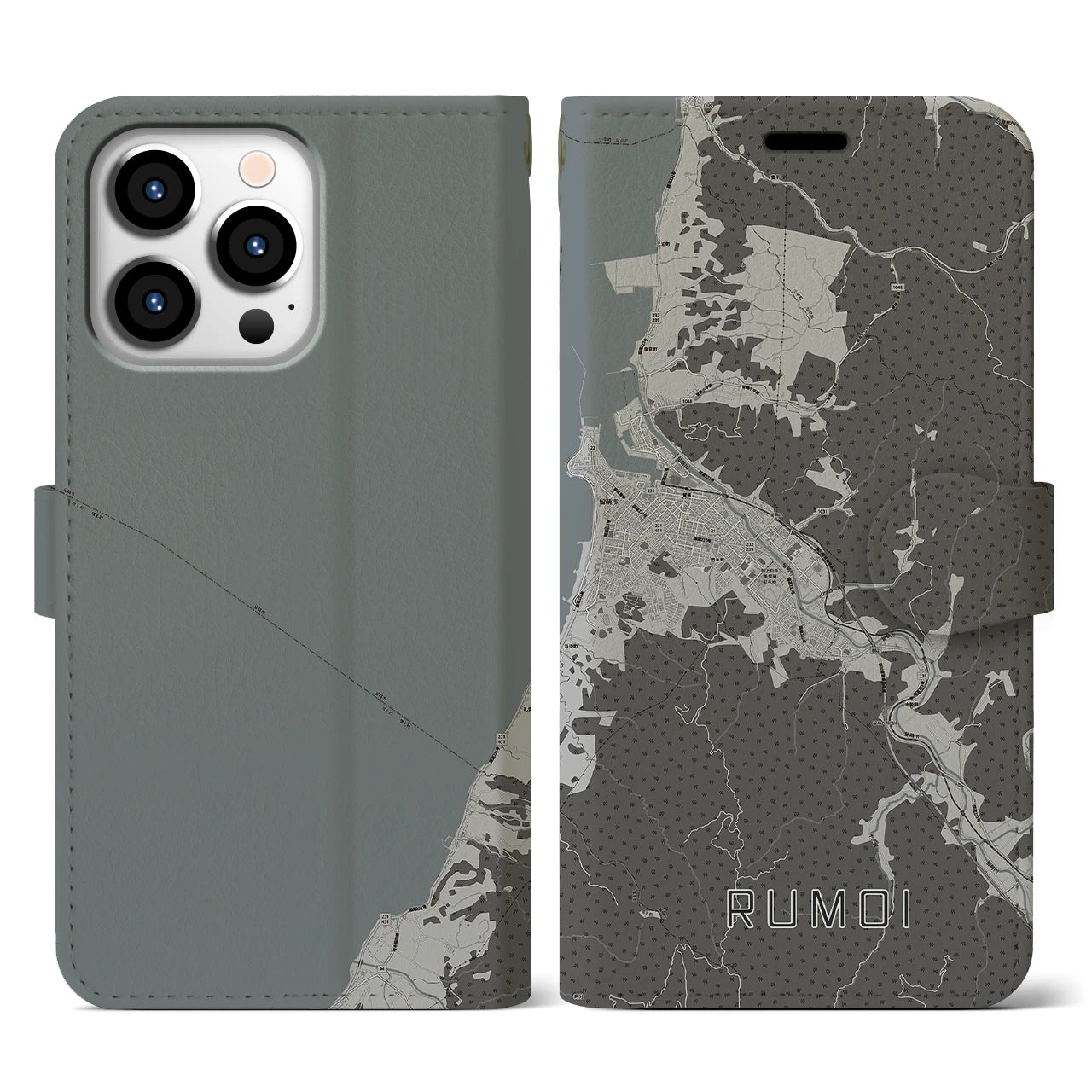 【留萌(北海道)】地図柄iPhoneケース(手帳タイプ)モノトーン・iPhone 13 Pro 用